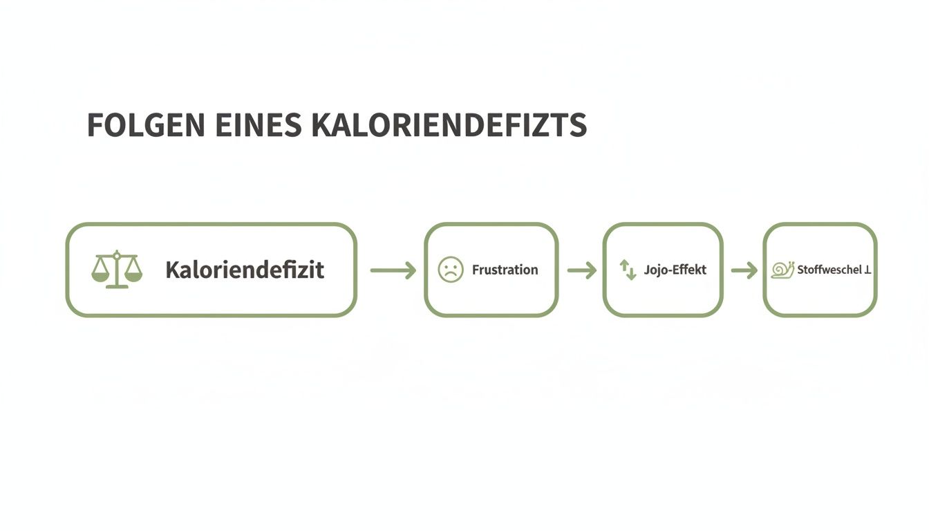 Flussdiagramm zeigt die negativen Folgen eines Kaloriendefizits: Frustration, Jojo-Effekt und verlangsamter Stoffwechsel.