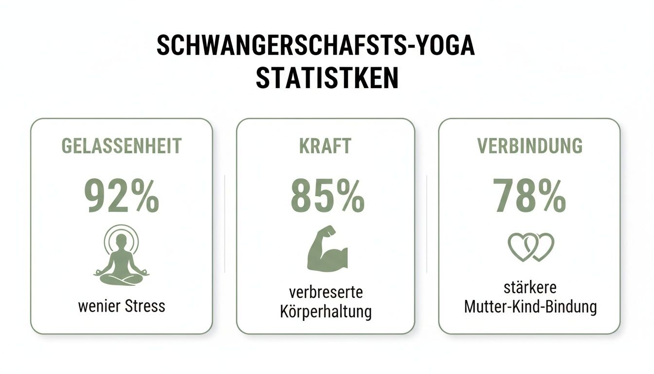 Infografik über Schwangerschafts-Yoga-Statistiken, zeigt Vorteile wie 92% Gelassenheit (weniger Stress), 85% Kraft und 78% stärkere Mutter-Kind-Bindung.