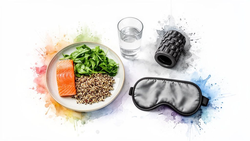 Gesunde Lebensweise mit Lachs, Quinoa, Spinat, Wasser, Faszienrolle und Schlafmaske für Fitness und Erholung.