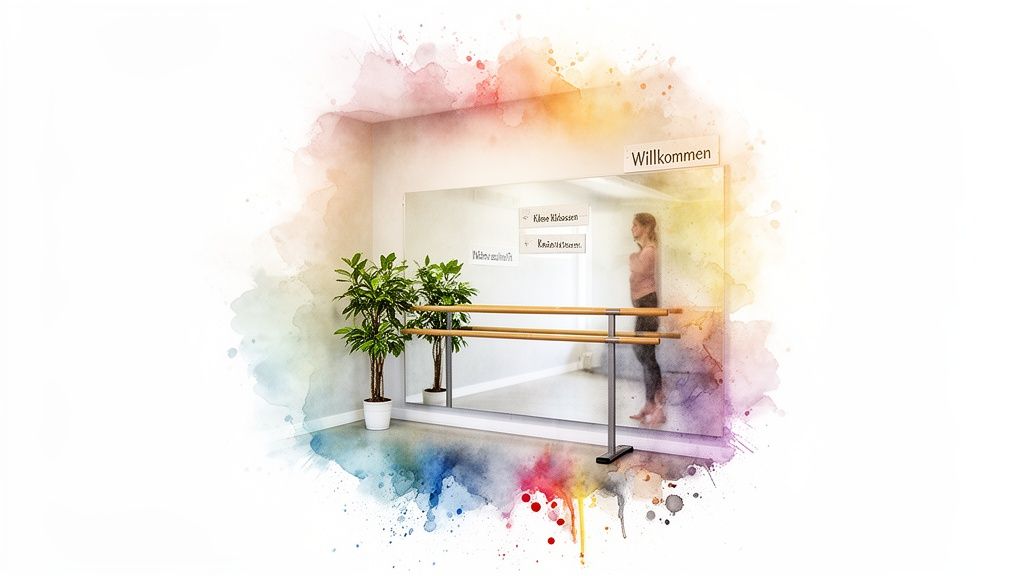 Helles Ballettstudio mit Spiegel, Ballettstange, Pflanzen und reflektierender Frau, ideal für kleine Klassen und Kindertanzen.