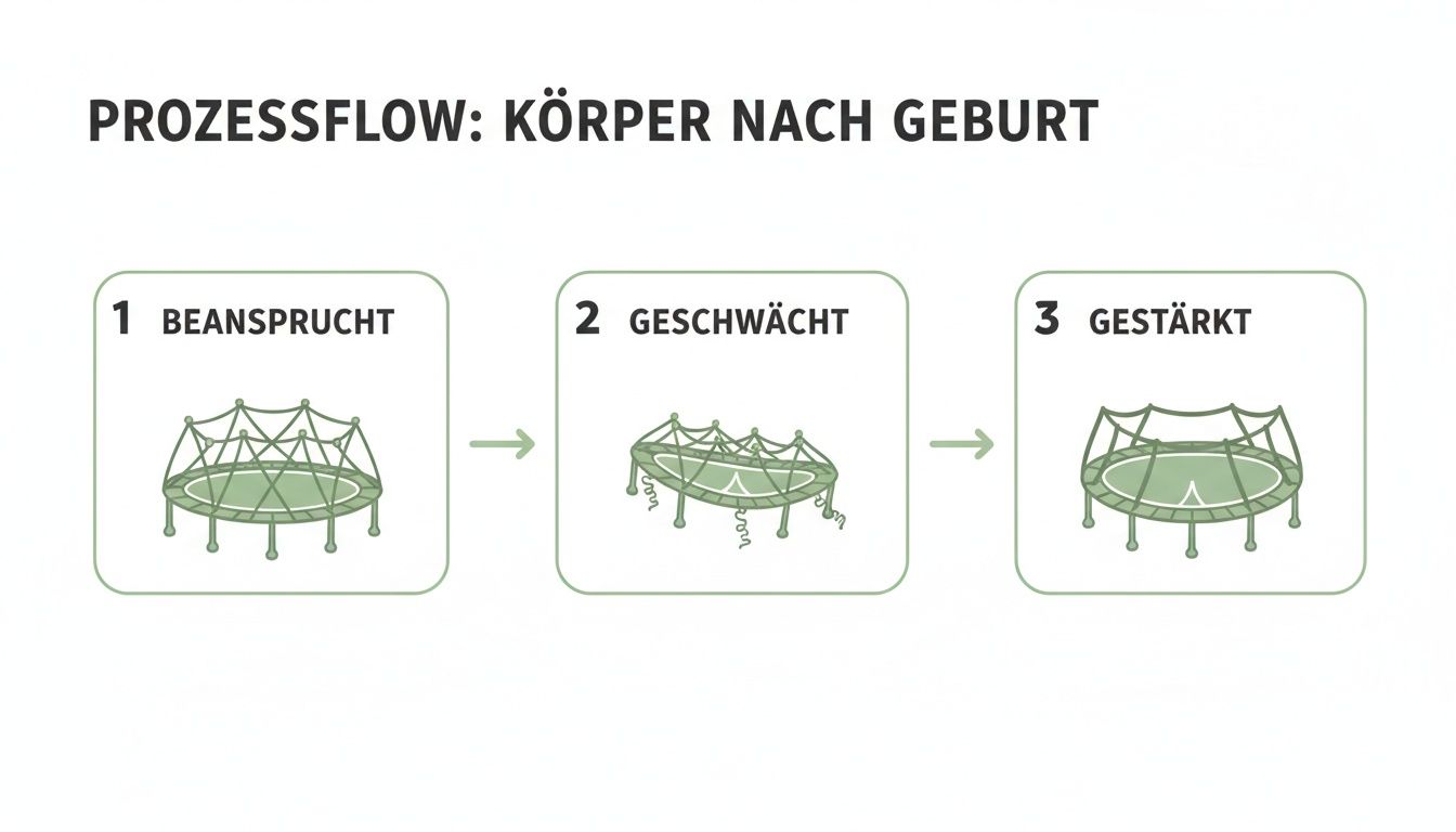 Prozessfluss: Körper nach Geburt. Eine Trampolin-Analogie zeigt den Körper beansprucht, geschwächt und gestärkt nach der Geburt.