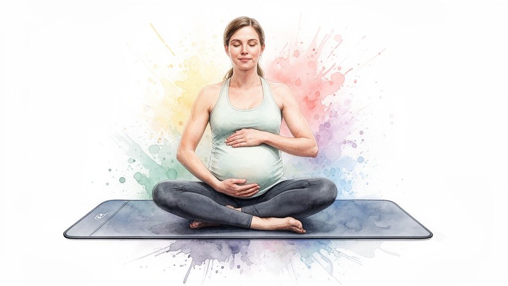 Schwangerin meditiert entspannt auf Yogamatte mit bunten Aquarell-Hintergrund.