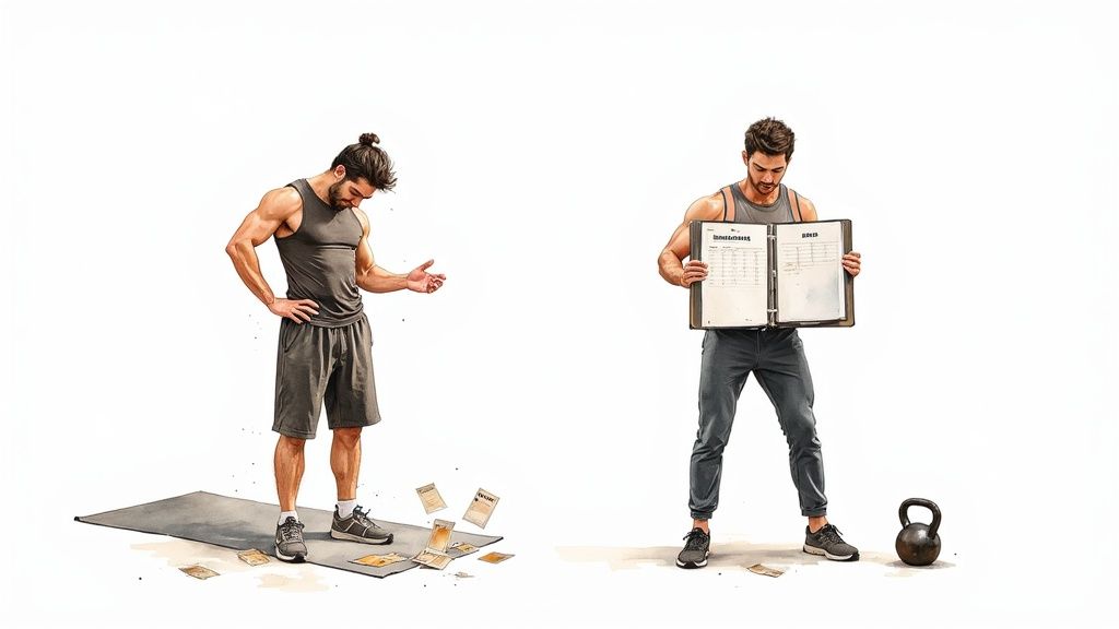 Zwei Männer beim Training: Einer ist unorganisiert mit verstreuten Blättern, der andere hält einen strukturierten Trainingsplan.