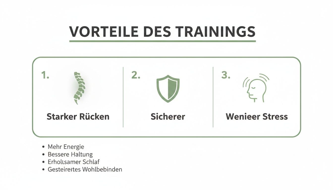 Infografik über die Vorteile von Training: starker Rücken, sicherer fühlen, weniger Stress, mehr Energie, bessere Haltung.