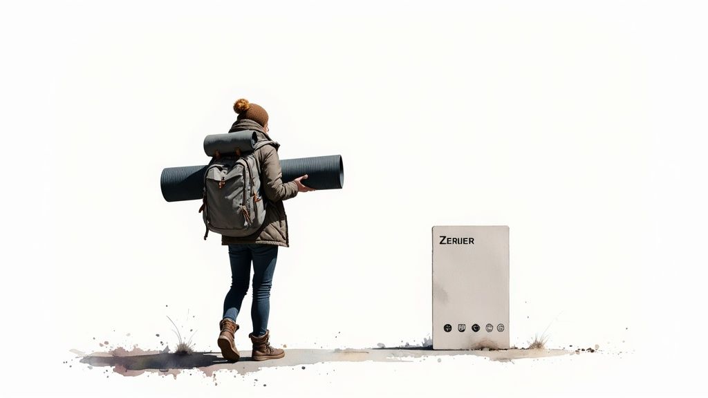 Eine Person mit Rucksack und Yogamatte steht vor einem Schild mit der Aufschrift ZERUER.