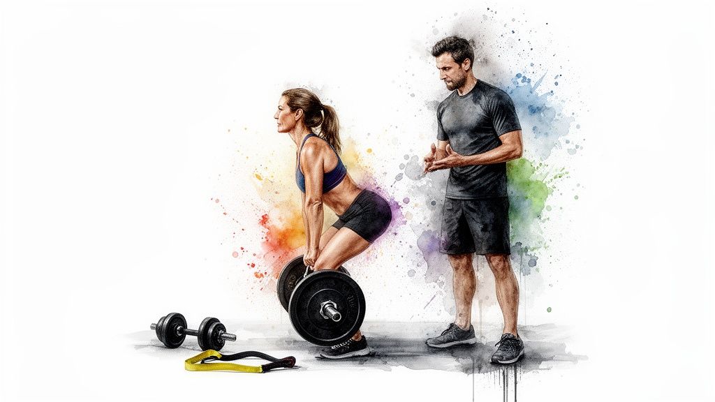 Frau beim Kreuzheben mit Personal Trainer, umgeben von farbigen Spritzern und Gewichten.