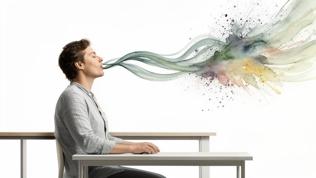 Eine Person sitzt am Tisch und atmet aus, wobei der Atem als farbige, fließende Aquarell-Form dargestellt ist.