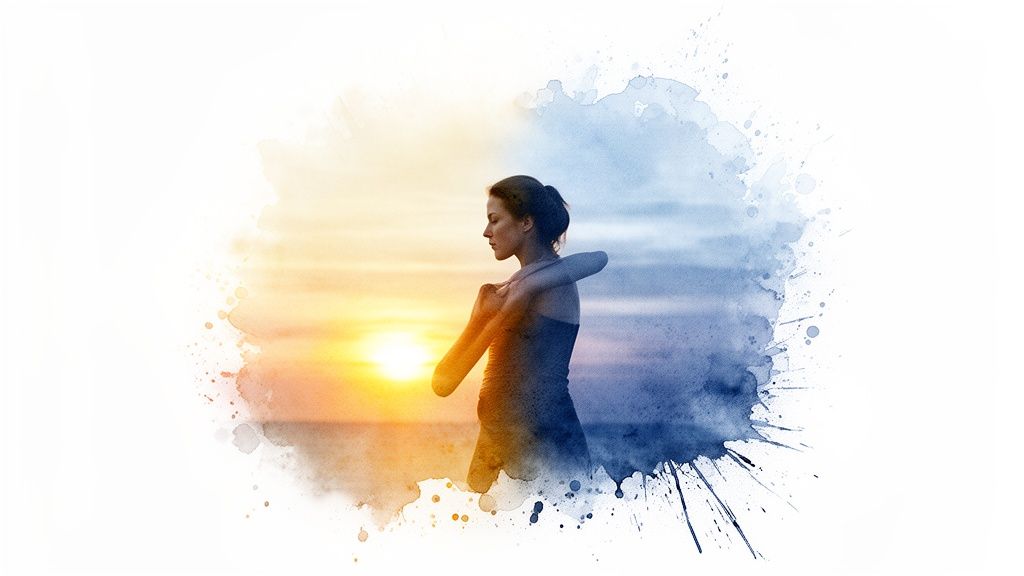 Porträt einer jungen Frau im Aquarell-Stil, geteilt zwischen warmem Sonnenuntergang und kühlem Blau.