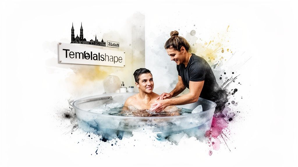 Ein Mann genießt ein Eisbad, betreut von einem Therapeuten, mit dem Logo von Temelalshape im Hintergrund.