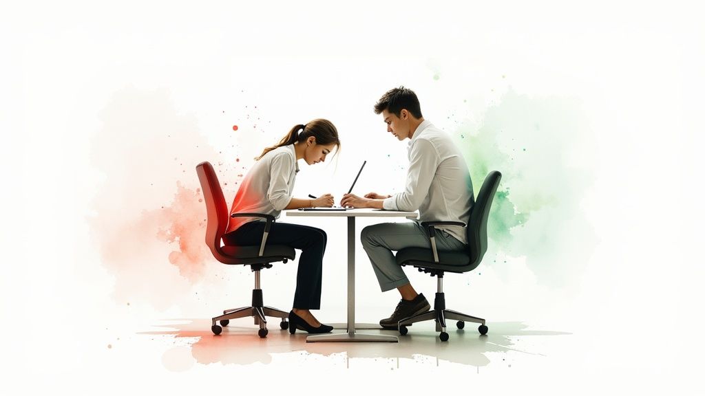 Zwei Personen arbeiten am Schreibtisch: eine Frau mit schlechter Haltung und Rückenschmerzen (rot markiert), ein Mann mit guter Haltung.