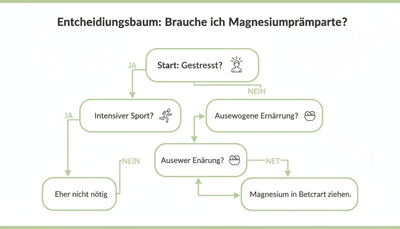 Ein Entscheidungsbaum, der anzeigt, ob Magnesiumpräparate basierend auf Stress, intensivem Sport und ausgewogener Ernährung notwendig sind.