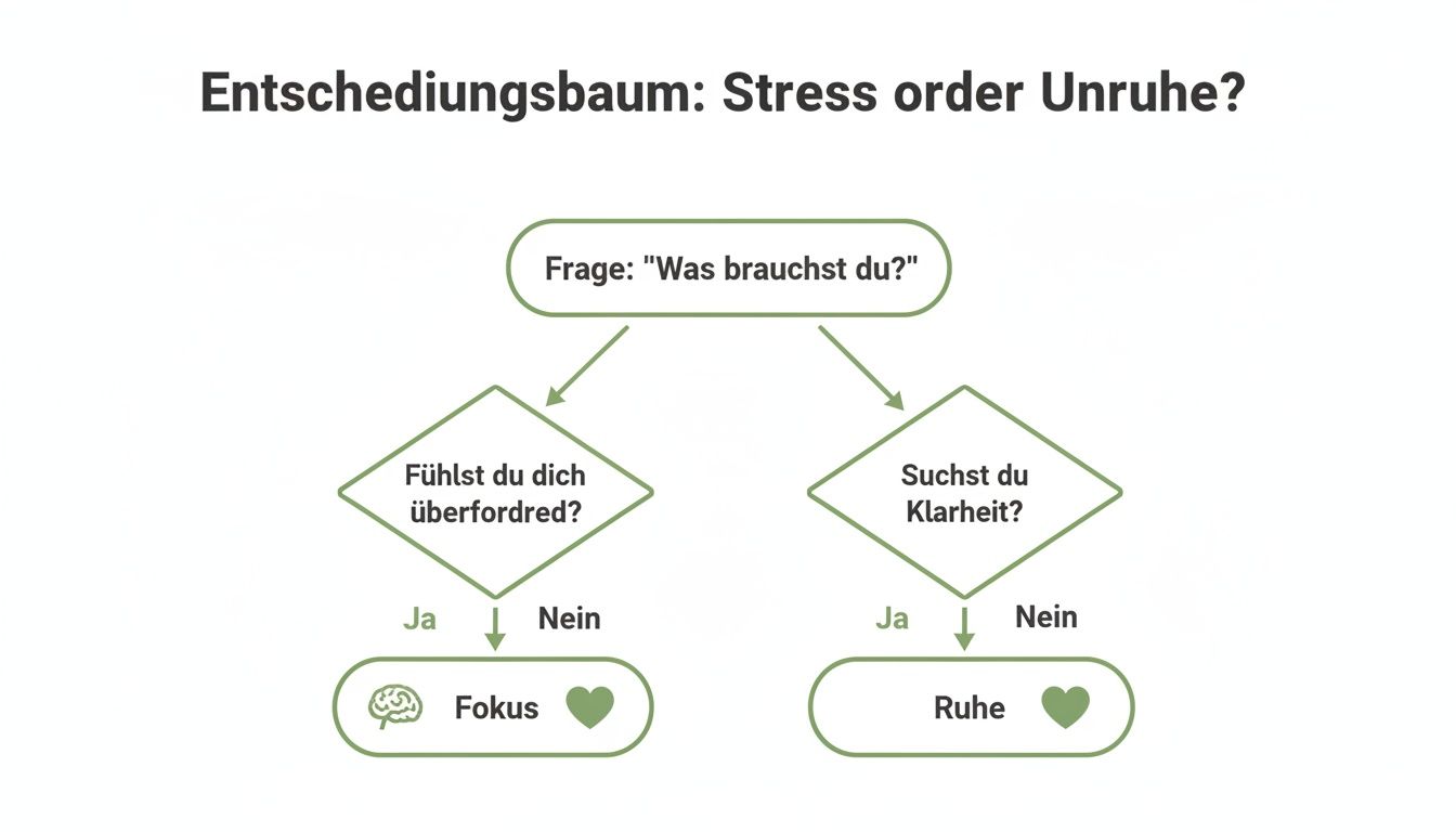 Ein Entscheidungsbaum, der bei Stress oder Unruhe hilft, zwischen Fokus und Ruhe zu entscheiden.
