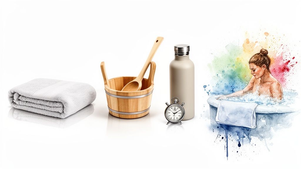 Wellness-Set mit Handtuch, Sauna-Eimer, Flasche, Stoppuhr und Frau in einer Badewanne als Aquarell.