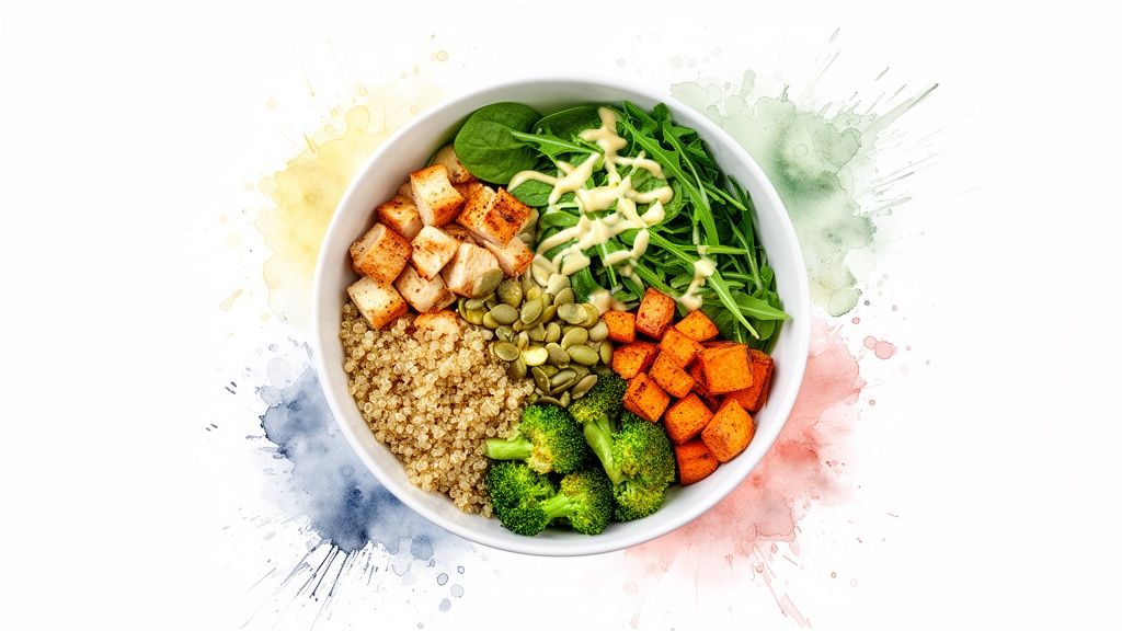 Eine bunte Buddha-Bowl mit Quinoa, Hähnchen, Brokkoli, Süsskartoffeln, Salat und Kernen, umgeben von Farbspritzern.