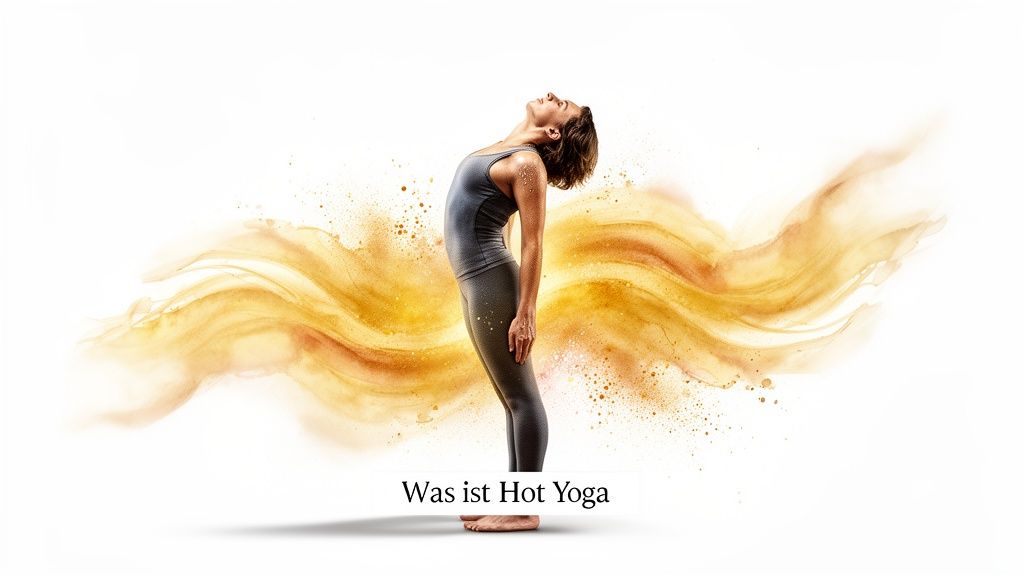 Eine Frau in anspruchsvoller Yogahaltung mit Rückbeuge, umgeben von goldenen, schwebenden Farbspritzern auf weißem Hintergrund zum Thema Hot Yoga.