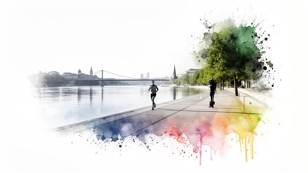 Person läuft an einem Flussufer, im Hintergrund eine Stadt mit Brücke, im kunstvollen Aquarellstil dargestellt.