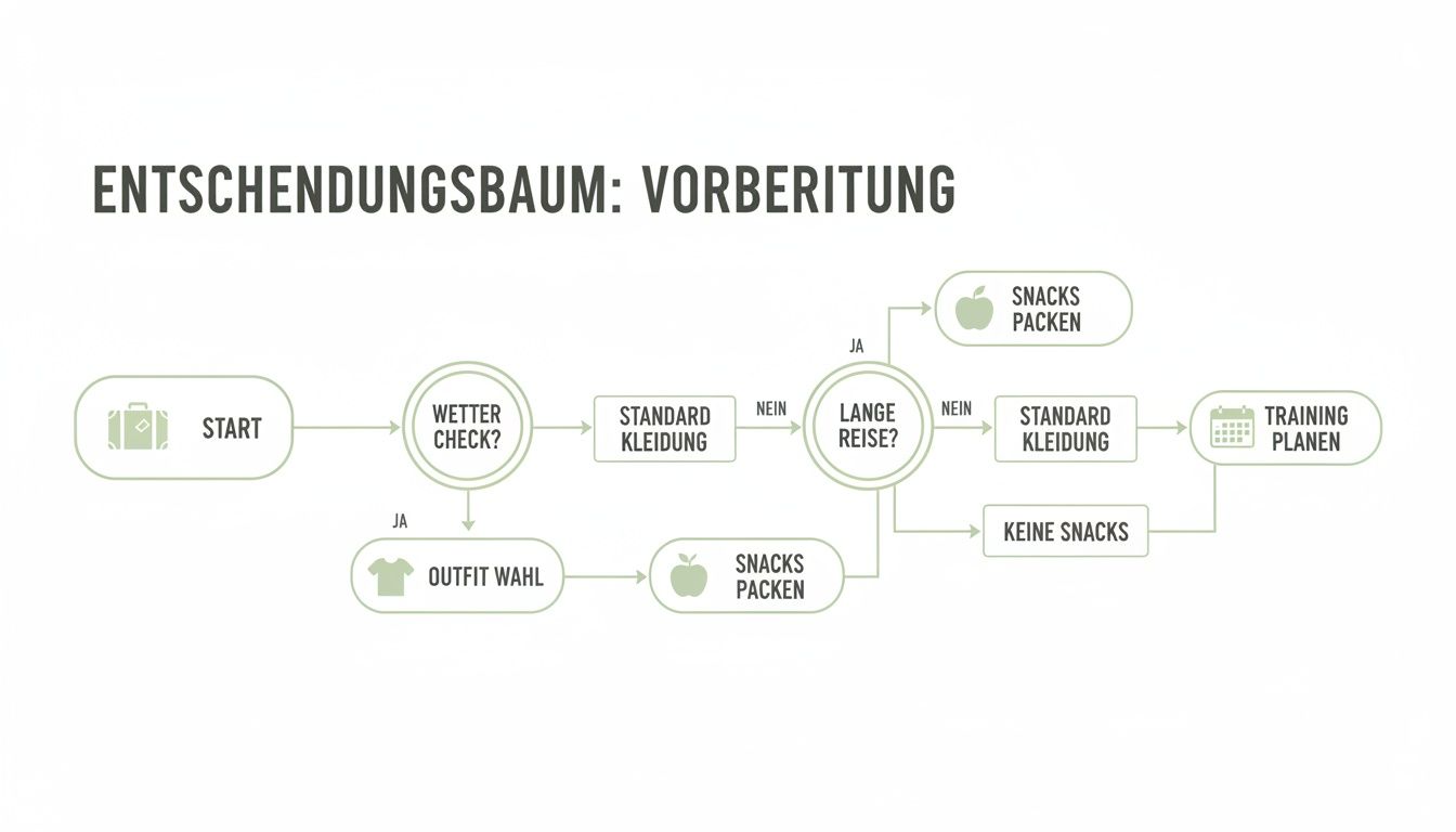 Entscheidungsbaum zur Reisevorbereitung: Wetter-Check, Outfit-Wahl, Snacks packen und Training planen.