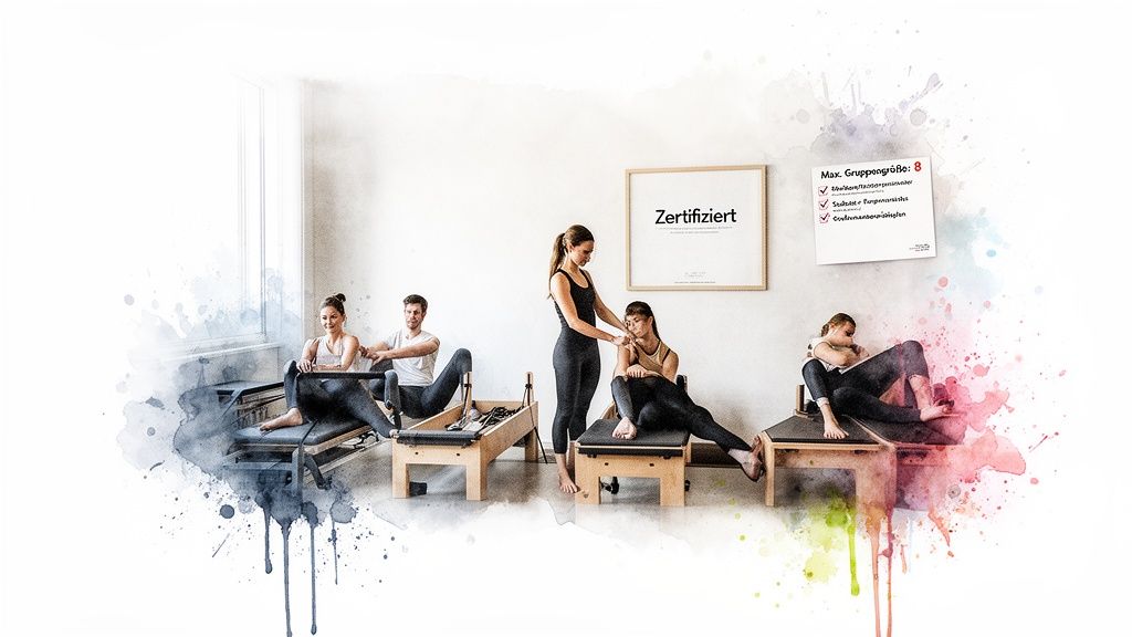 Eine Pilates-Gruppe mit Trainer in einem hellen Studio, die an verschiedenen Geräten trainiert. Hinweise zur Gruppengröße sind sichtbar.