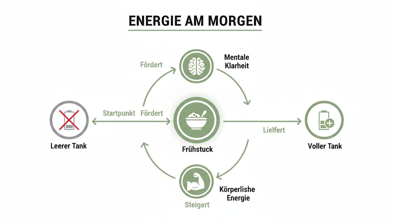 Diagramm zum Kreislauf der Morgenenergie: Frühstück fördert mentale Klarheit, steigert körperliche Energie und füllt den Tank.