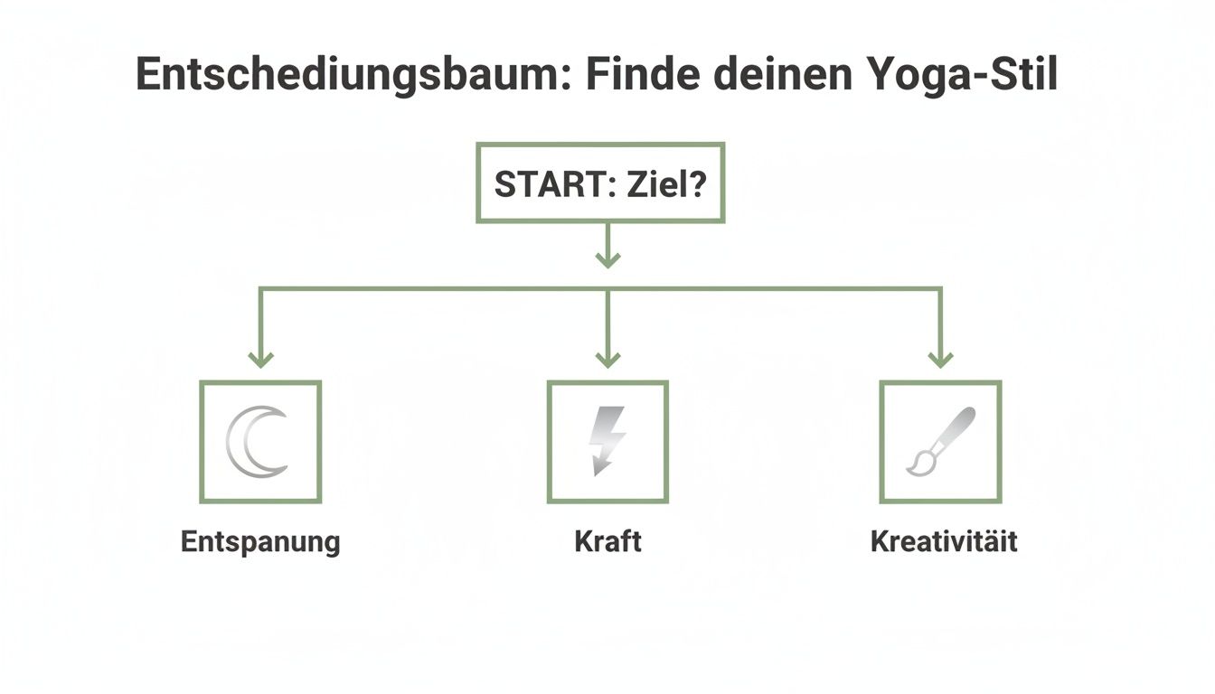 Entscheidungsbaum zur Auswahl des Yoga-Stils basierend auf Zielen wie Entspannung, Kraft oder Kreativität.