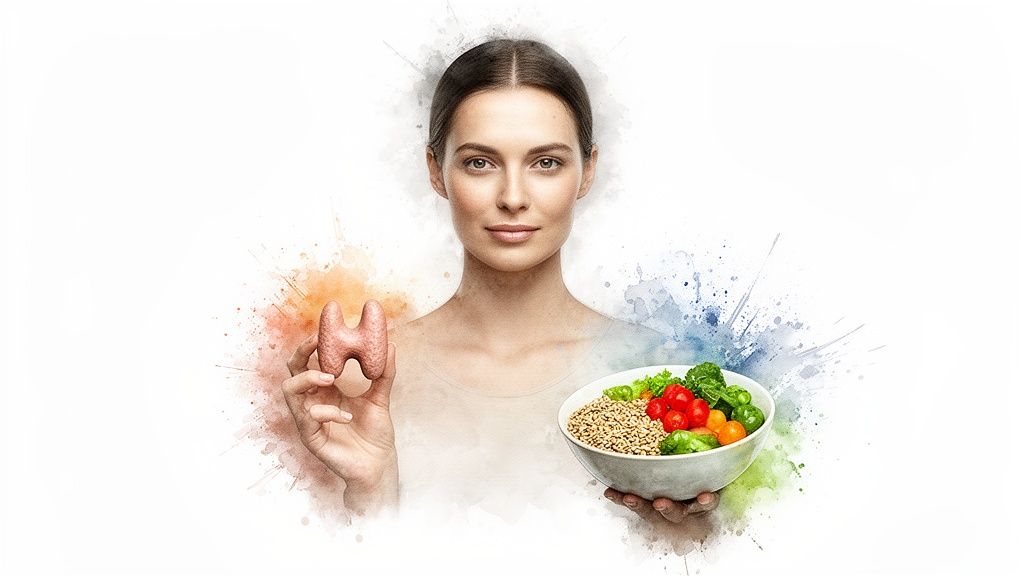 Junge Frau hält Schilddrüsenmodell und Schüssel mit gesunder Ernährung für Schilddrüsengesundheit.