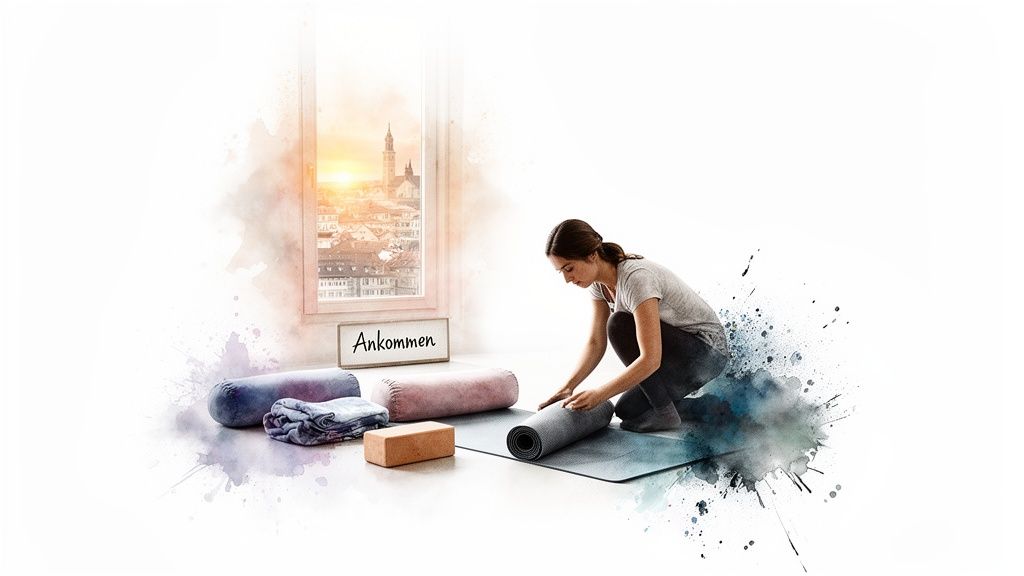 Frau rollt Yogamatte auf, umgeben von Zubehör für Entspannung und Meditation mit Stadtblick bei Sonnenuntergang.