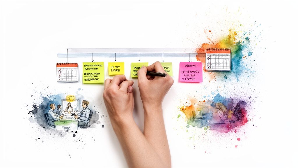 Hände schreiben auf Haftnotizen auf einer Zeitleiste, um ein Projekt zu planen, mit Kalendern und geschäftlichen Aquarellillustrationen.