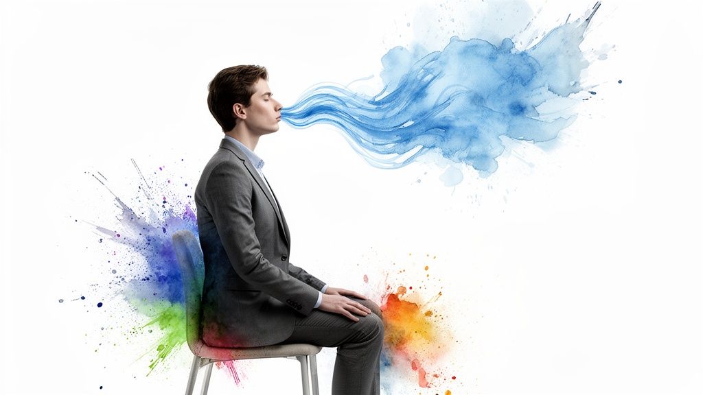 Ein Mann im Anzug sitzt und atmet blaue, wellenförmige Farbe aus, während bunte Farbspritzer den Stuhl umgeben.