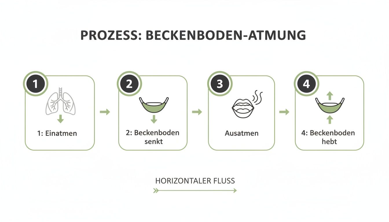 Infografik zum Prozess der Beckenboden-Atmung mit vier Schritten: Einatmen, Beckenboden senkt, Ausatmen, Beckenboden hebt.