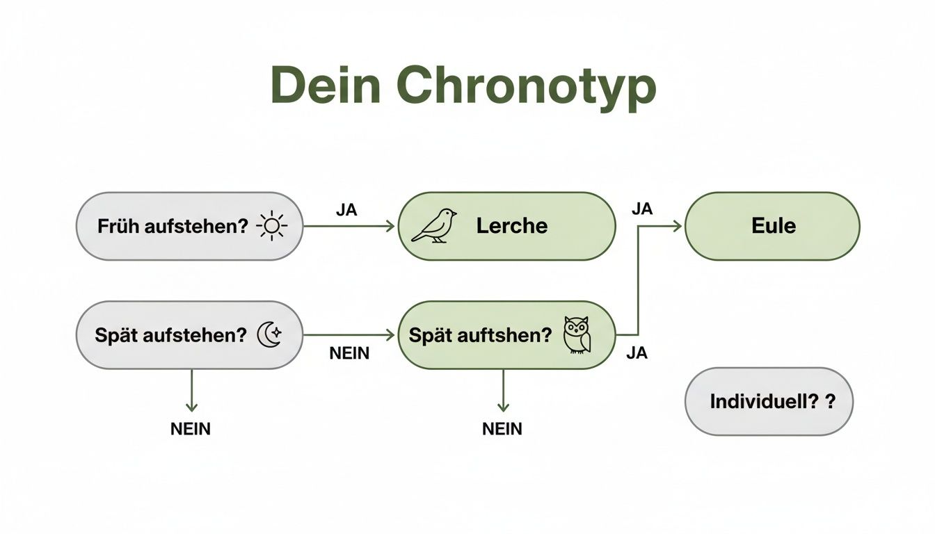Flussdiagramm zur Bestimmung des Chronotyps: Lerche, Eule oder individuell basierend auf Aufstehzeiten.