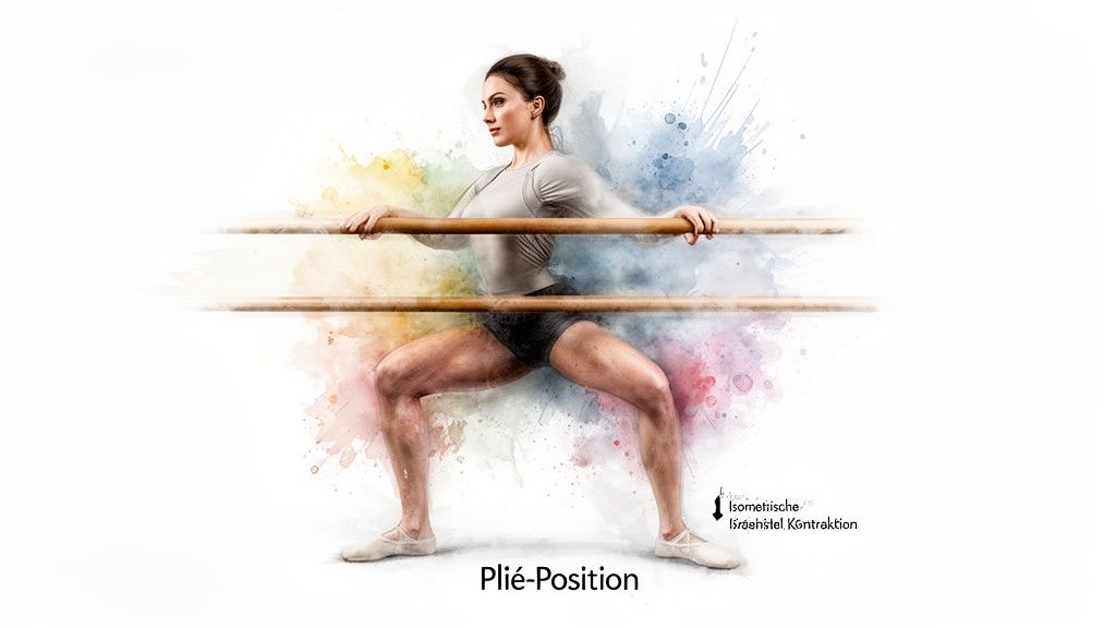 Frau in Plié-Position an der Ballettstange, umgeben von bunten Aquarellfarben, zeigt eine isometrische Übung.