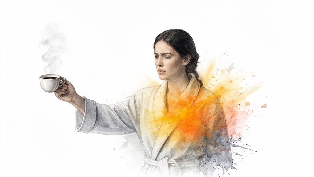 Besorgte Frau im Bademantel hält dampfende Tasse Kaffee, mit intensiven Farbspritzern um den Bauchbereich.