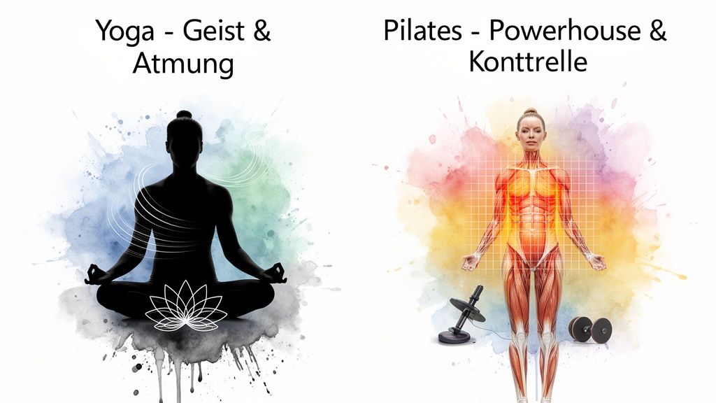 Bild mit zwei Hälften: Links Yoga mit meditierender Silhouette und Lotosblume, rechts Pilates mit Anatomie-Modell und Hanteln, umgeben von Aquarellfarben.