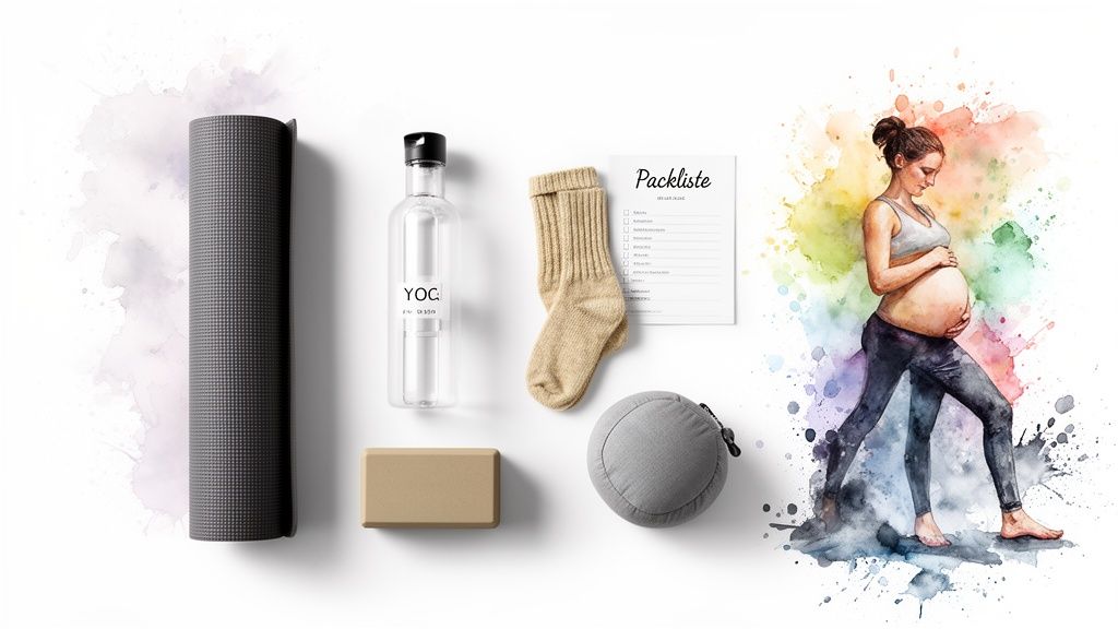 Ausrüstung für Schwangerschafts-Yoga mit Matte, Flasche, Block und Checkliste, dazu eine schwangere Frau.