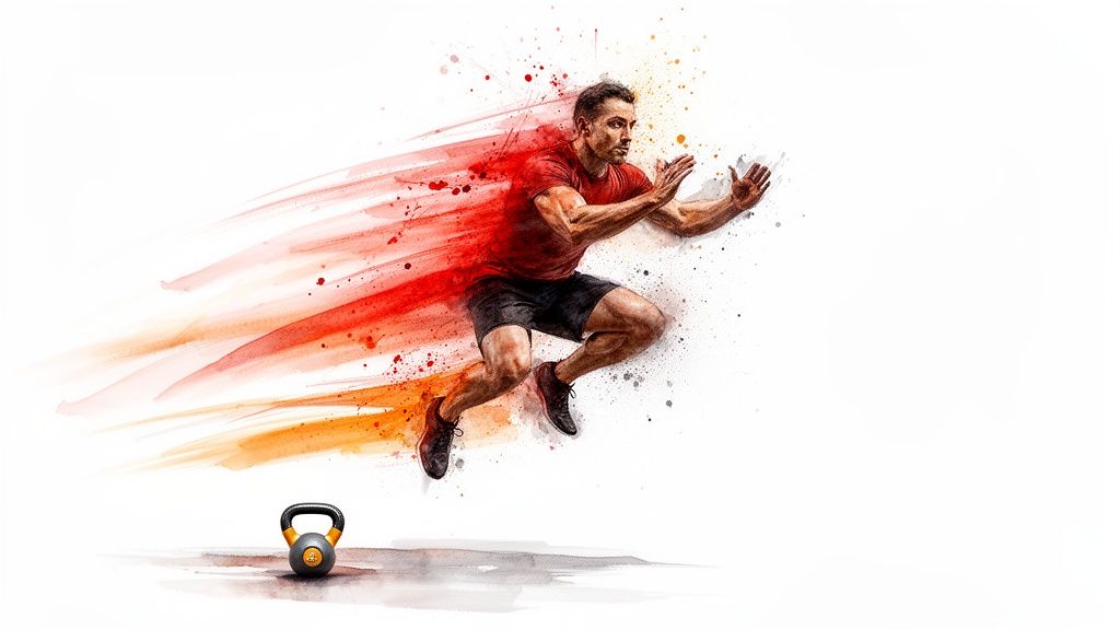 Ein sportlicher Mann sprintet dynamisch, umgeben von roten und orangen Farbspritzern und einem Kettlebell.