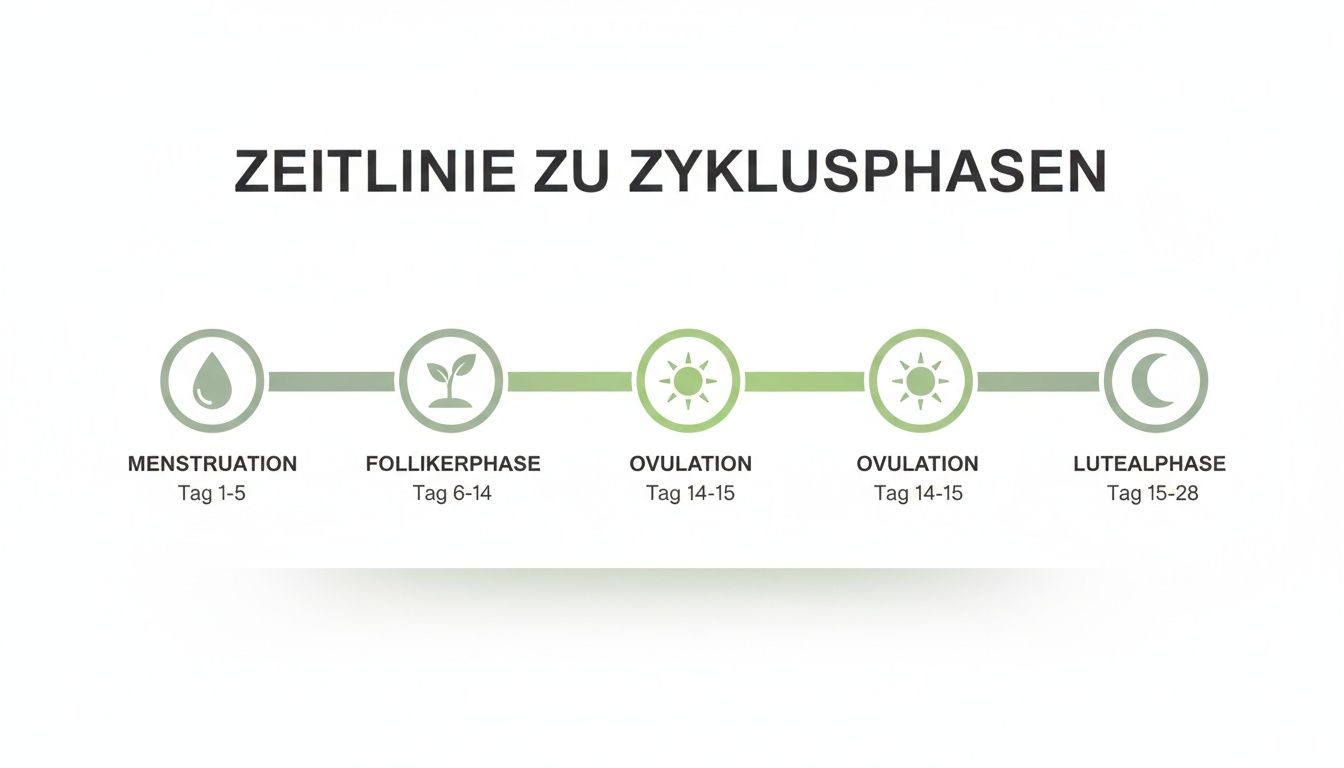 Zeitlinie der Menstruationszyklusphasen: Menstruation, Follikelphase, Ovulation und Lutealphase mit Tagangaben.