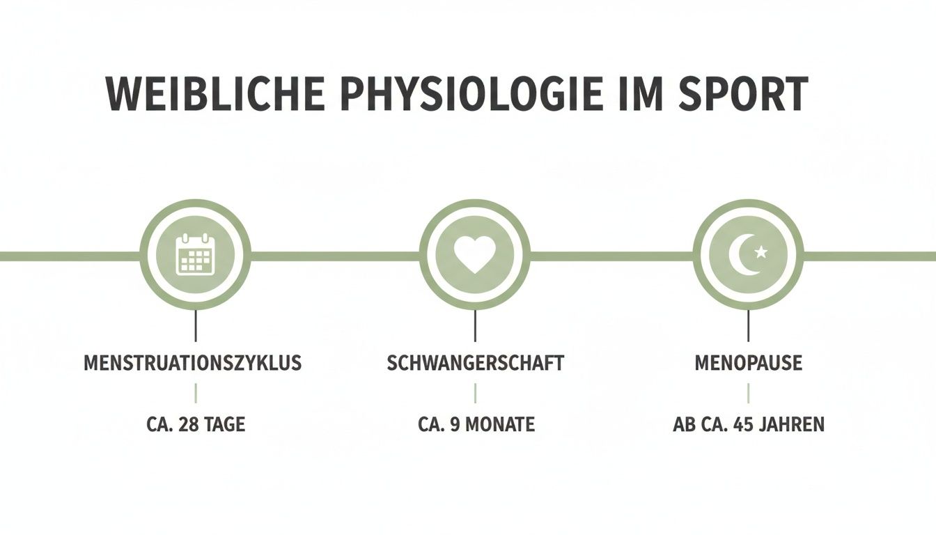 Infografik über weibliche Physiologie im Sport mit Menstruationszyklus, Schwangerschaft und Menopause als Lebensphasen.