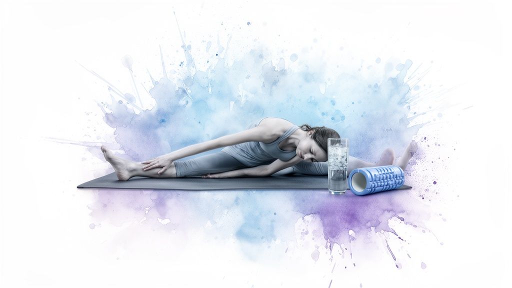 Eine Frau dehnt sich auf einer Yogamatte, mit Wasser und einer Faszienrolle daneben, vor blau-violettem Hintergrund.