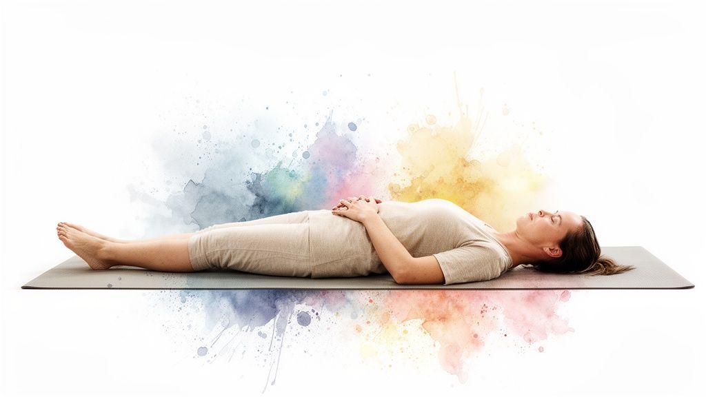 Eine Frau liegt entspannt auf einer Yogamatte, die Hände auf dem Bauch, umgeben von bunten Farbspritzern.