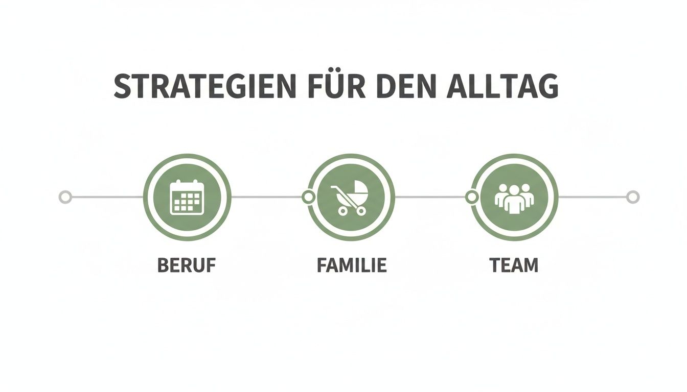 Infografik zeigt Strategien für den Alltag in den Bereichen Beruf, Familie und Team mit entsprechenden Symbolen.