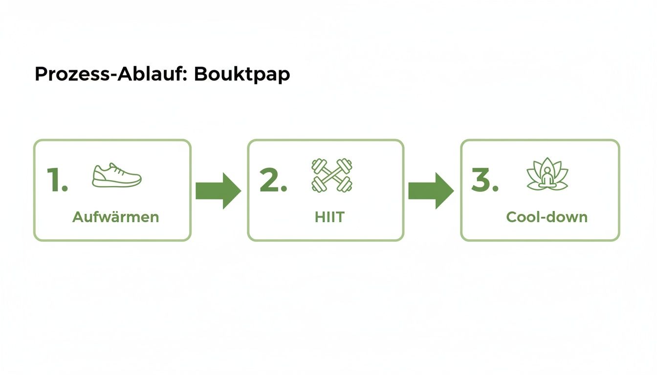 Drei-Schritte-Prozess eines Fitness-Bootcamps: Aufwärmen, HIIT-Training und Cool-down-Phase mit entsprechenden Symbolen.