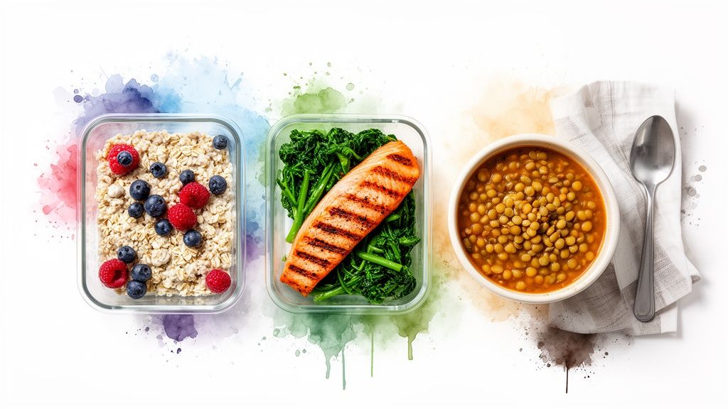 Drei gesunde Mahlzeiten: Haferflocken mit Beeren, Lachs mit Gemüse und Linsensuppe.