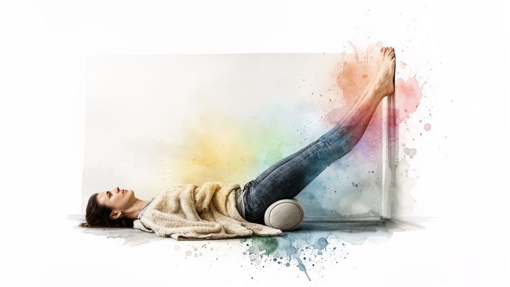 Frau entspannt sich in Yoga-Pose 'Beine an der Wand' mit Polster, umgeben von bunten Aquarellspritzern.