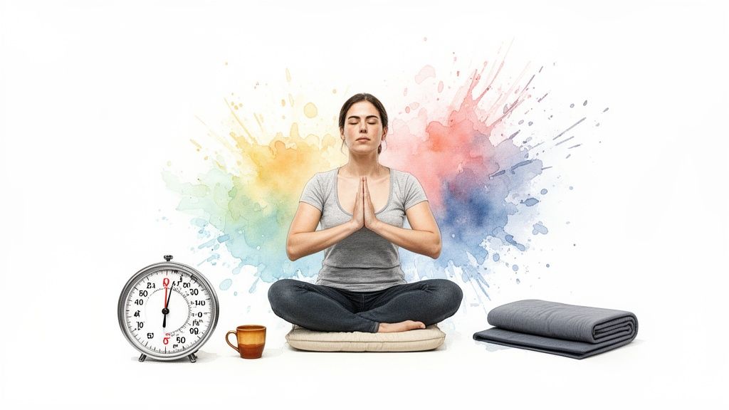 Eine Frau meditiert friedlich im Lotussitz mit geschlossenen Augen und Händen in Gebetsposition vor bunten Farbspritzern.