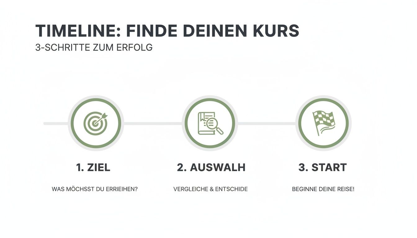 Eine dreistufige Zeitleiste, die den Prozess zur Kurssuche darstellt: Ziel, Auswahl und Start.