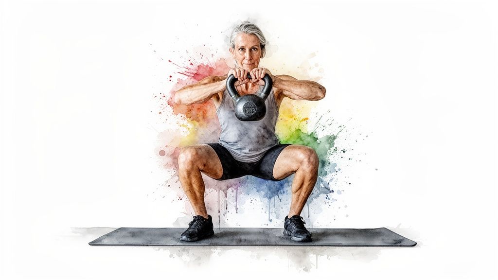 Eine fitte, ältere Frau macht eine Kettlebell-Kniebeuge auf einer Matte vor einem bunten Hintergrund.