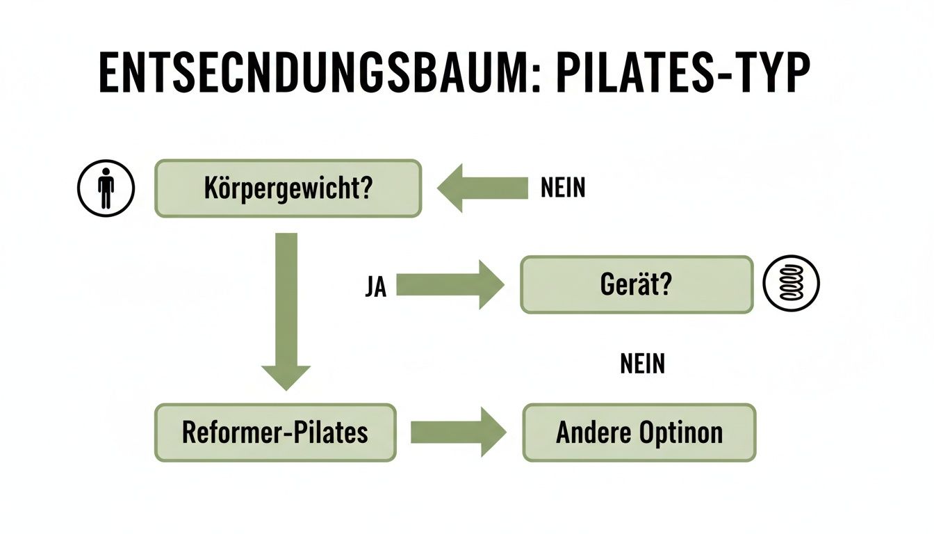 Flussdiagramm zur Entscheidungshilfe für verschiedene Pilates-Typen, basierend auf Körpergewicht und Gerätepräferenz.