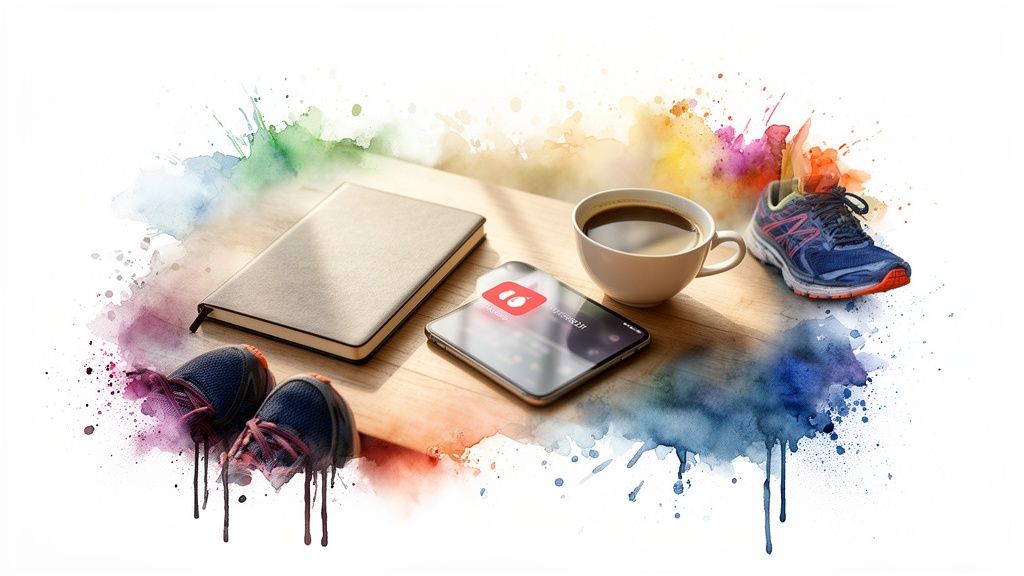 Flaches Layout mit Notizbuch, Kaffee, Smartphone und Laufschuhen auf Holz, umgeben von bunten Aquarellfarben.