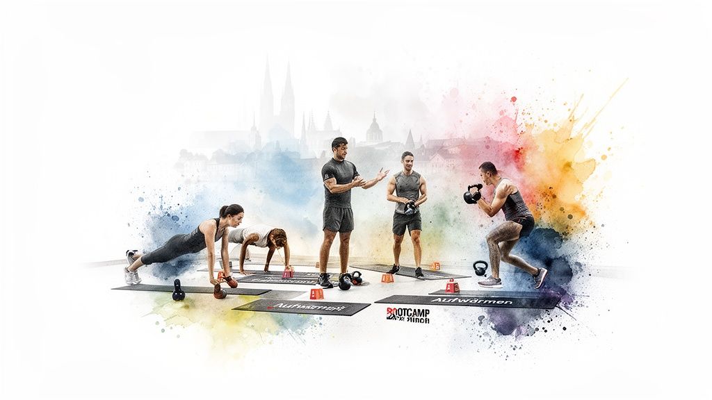 Fünf Personen machen Bootcamp-Übungen mit Kettlebells, angeleitet von einem Trainer, vor einer malerischen Stadtsilhouette.