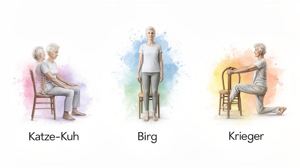 Drei Yoga-Übungen für Senioren mit Stuhl: Katze-Kuh, Berg und Krieger-Positionen erklärt.